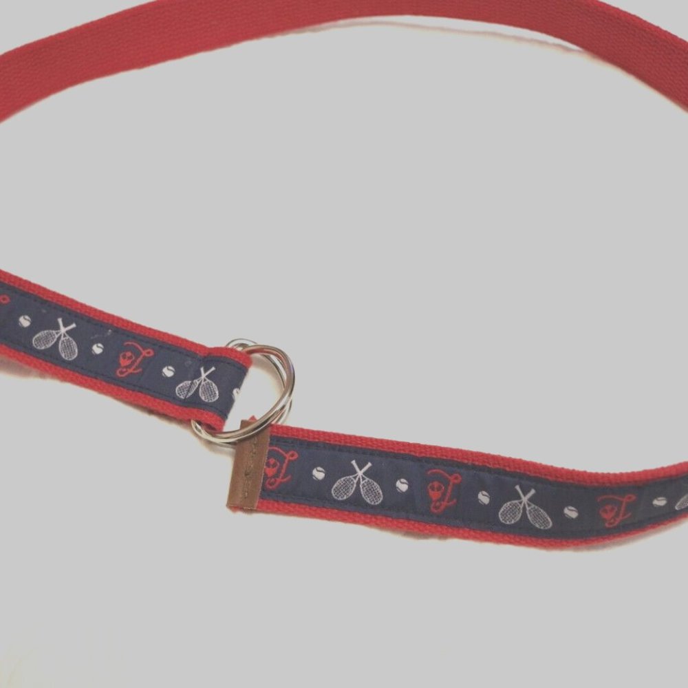 Tennis Navy Red Embroidered Leather Tab D-Ring Belt Men Size:Small